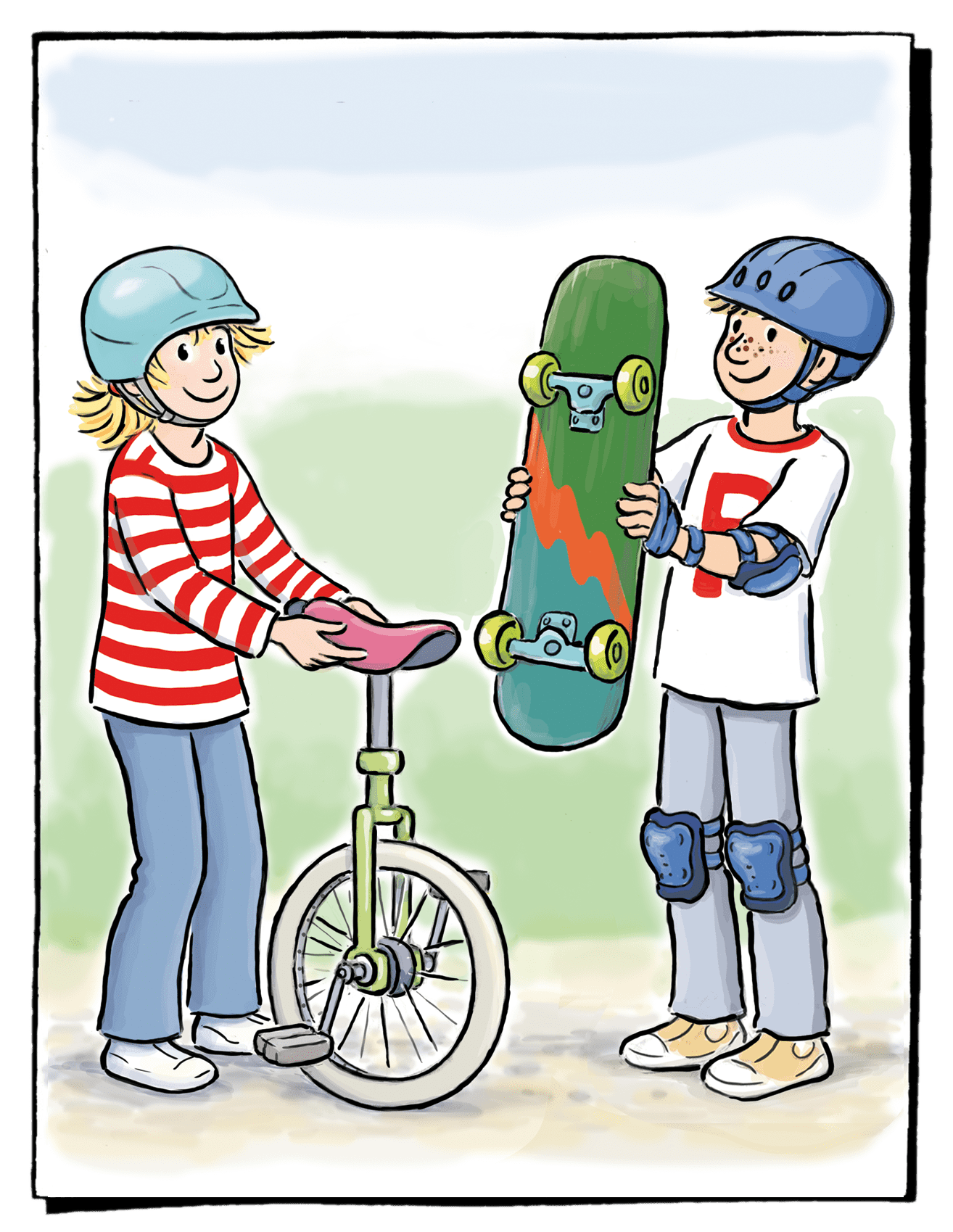 Conni und Paul mit Einrad und Skateboard